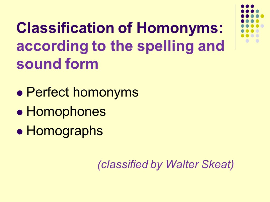 Classification of Homonyms: according to the spelling and sound form Perfect homonyms Homophones Homographs